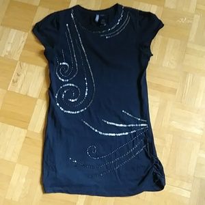 Y2K Bisou Bisou 100% cotton t-shirt micro mini black beaded dress top sz S